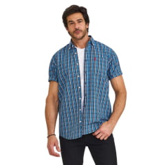 Camisa Masculina TXC Manga Curta X-Size Regular Tricoline Xadrez Azul Logo Vermelho Ref:29136CP