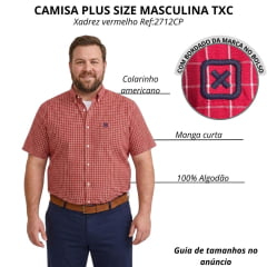 Camisa Masculina TXC Manga Curta X-Size Xadrez Vermelho Com Logo Bordado Ref: 2712CP