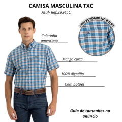 Camisa Masculina TXC Manga Curta Regular Flame Tafeta Xadrez Azul Claro e Laranja Ref:29345C