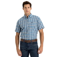 Camisa Masculina TXC Manga Curta Regular Flame Tafeta Xadrez Azul Claro e Laranja Ref:29345C