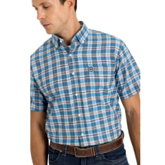 Camisa Masculina TXC Manga Curta Regular Flame Tafeta Xadrez Azul Claro e Laranja Ref:29345C