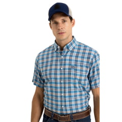 Camisa Masculina TXC Manga Curta Regular Flame Tafeta Xadrez Azul Claro e Laranja Ref:29345C