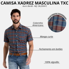 Camisa Masculina TXC Manga Curta Xadrez Regular Tricoline Azul Bordô Bordado Ref: 29341C