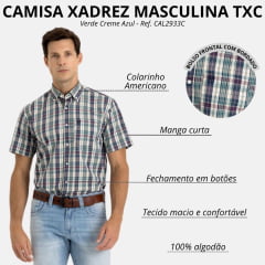 Camisa Masculina TXC Manga Curta Xadrez Regular Tricoline Verde Creme Azul Bordado Ref: 2933C