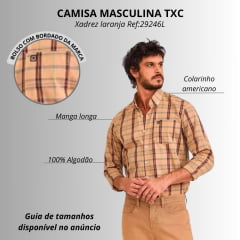 Camisa Masculina TXC Manga Longa Bege Escuro C/ Listras Laranja Tricoline Bordado Com Logo Azul No Bolso Ref:29246L