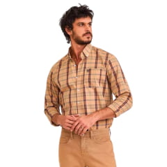 Camisa Masculina TXC Manga Longa Bege Escuro C/ Listras Laranja Tricoline Bordado Com Logo Azul No Bolso Ref:29246L