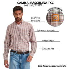 Camisa Masculina TXC Manga Longa Oxford Xadrez Bordô Com Branco Logo Laranja Ref:29505L