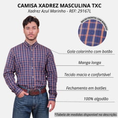 Camisa Masculina TXC Manga Longa Regular Custom Xadrez Azul Marinho/Laranja E Verde Com Bordado Logo Azul REF: 29167L