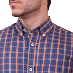 Camisa Masculina TXC Manga Longa Regular Custom Xadrez Azul Marinho/Laranja E Verde Com Bordado Logo Azul REF: 29167L