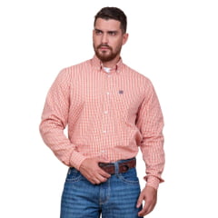 Camisa Masculina TXC Manga Longa Regular Custom Xadrez Laranja/Cru Com Logo Bordada em Azul Ref29120L