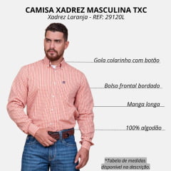 Camisa Masculina TXC Manga Longa Regular Custom Xadrez Laranja/Cru Com Logo Bordada em Azul Ref29120L