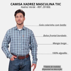 Camisa Masculina TXC Manga Longa Regular Custom Xadrez Verde Musgo/Cru Com Logo Bordada em Laranja Ref.29180L