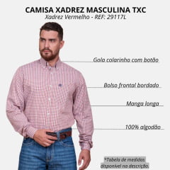 Camisa Masculina TXC Manga Longa Regular Custom Xadrez Vermelho/Cru Com Logo Bordada em Azul Ref29117L