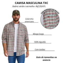 Camisa Masculina TXC Manga Longa Regular Ox Fordine Xadrez Verde E Vermelho Com Logo Bordado Bordô Com Bolso Ref:2927L