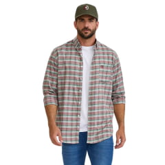 Camisa Masculina TXC Manga Longa Regular Ox Fordine Xadrez Verde E Vermelho Com Logo Bordado Bordô Com Bolso Ref:2927L