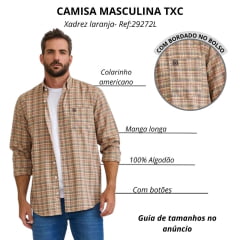 Camisa Masculina TXC Manga Longa Regular Oxfordine Xadrez Laranja E Bege Logo Bordado Em Azul Marinho Ref:29272L