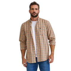 Camisa Masculina TXC Manga Longa Regular Oxfordine Xadrez Laranja E Bege Logo Bordado Em Azul Marinho Ref:29272L