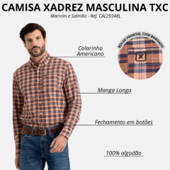 Camisa Masculina TXC Manga Longa Regular Tafetá Xadrez Azul Marrom E Salmão Ref: 29348L