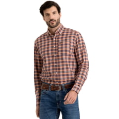 Camisa Masculina TXC Manga Longa Regular Tafetá Xadrez Azul Marrom E Salmão Ref: 29348L