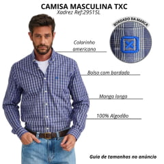 Camisa Masculina TXC Manga Longa Regular Tricoline Xadrez Azul Logo Azul Royal Ref:29515L