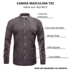 Camisa Masculina TXC Manga Longa Regular Tricoline Xadrez Azul Marinho Com Listras Bordô E Com Logo Vermelho Ref:29027L