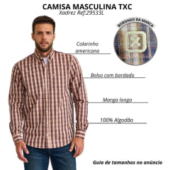 Camisa Masculina TXC Manga Longa Regular Tricoline Xadrez Azul Ocre Bege Logo  Bege Ref:29533L