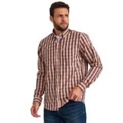 Camisa Masculina TXC Manga Longa Regular Tricoline Xadrez Azul Ocre Bege Logo  Bege Ref:29533L