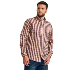 Camisa Masculina TXC Manga Longa Regular Tricoline Xadrez Azul Ocre Bege Logo  Bege Ref:29533L
