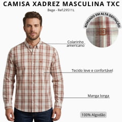 Camisa Masculina TXC Manga Longa Regular Tricoline Xadrez Bege Claro/Marrom 29511L