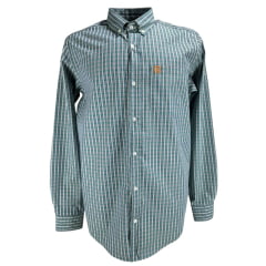 Camisa Masculina TXC Manga Longa Regular Tricoline Xadrez Verde Com Logo Bordado Laranja No Bolso Ref:29267L