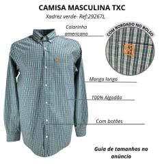 Camisa Masculina TXC Manga Longa Regular Tricoline Xadrez Verde Com Logo Bordado Laranja No Bolso Ref:29267L