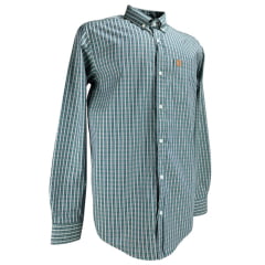 Camisa Masculina TXC Manga Longa Regular Tricoline Xadrez Verde Com Logo Bordado Laranja No Bolso Ref:29267L