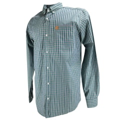 Camisa Masculina TXC Manga Longa Regular Tricoline Xadrez Verde Com Logo Bordado Laranja No Bolso Ref:29267L