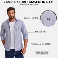 Camisa Masculina TXC Manga Longa Slim Maquinetado Azul Marinho E Branco Bordado Ref: 29430L