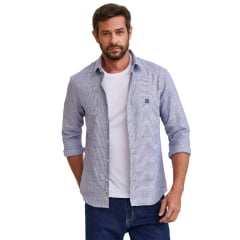 Camisa Masculina TXC Manga Longa Slim Maquinetado Azul Marinho E Branco Bordado Ref: 29430L
