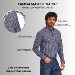Camisa Masculina TXC Manga Longa Tricoline Regular Listrada Xadrez Azul Royal Vinho Branco Bordado Creme Ref:29139L