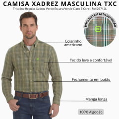 Camisa Masculina TXC Manga Longa Tricoline Regular Xadrez Verde Escuro/Verde Claro E Ocre - Ref:29712L