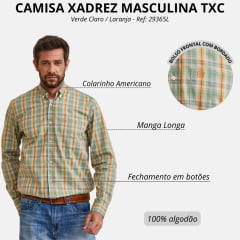 Camisa Masculina TXC Manga Longa Tricoline Xadrez Verde Claro / Laranja Bolso Bordado Ref: 29365L
