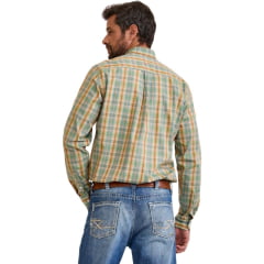 Camisa Masculina TXC Manga Longa Tricoline Xadrez Verde Claro / Laranja Bolso Bordado Ref: 29365L