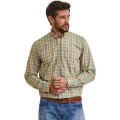 Camisa Masculina TXC Manga Longa Tricoline Xadrez Verde Claro / Laranja Bolso Bordado Ref: 29365L