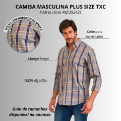 Camisa Masculina TXC Manga Longa X-Size Regular Tricoline Xadrez Cinza Com Logo Em Vermelho Ref:29242PL