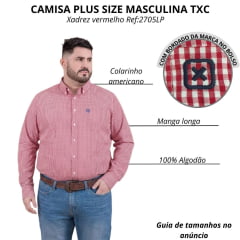 Camisa Masculina TXC Manga Longa X-Size Regular Tricoline Xadrez Vermelho Logo Bordado Ref:2705LP