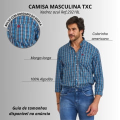 Camisa Masculina TXC Manga Longa Xadrez Azul Regular Tricoline Bordado Vermelho Ref:29218L