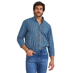 Camisa Masculina TXC Manga Longa Xadrez Azul Regular Tricoline Bordado Vermelho Ref:29218L