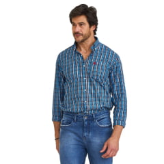 Camisa Masculina TXC Manga Longa Xadrez Azul Regular Tricoline Bordado Vermelho Ref:29218L