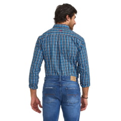 Camisa Masculina TXC Manga Longa Xadrez Azul Regular Tricoline Bordado Vermelho Ref:29218L