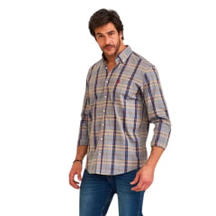 Camisa Masculina TXC Manga Longa Xadrez Cinza Azul E Vermelho Regular Tricoline Bordado Vermelho Ref:2924L
