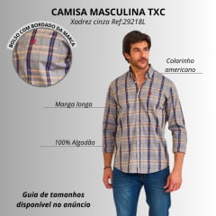 Camisa Masculina TXC Manga Longa Xadrez Cinza Azul E Vermelho Regular Tricoline Bordado Vermelho Ref:2924L