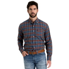 Camisa Masculina TXC Manga Longa Xadrez Regular Tricoline Azul Bordô Bordado Ref: 29342L