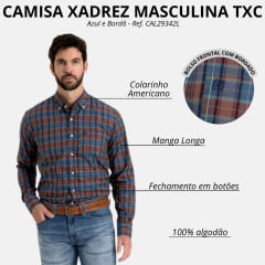 Camisa Masculina TXC Manga Longa Xadrez Regular Tricoline Azul Bordô Bordado Ref: 29342L